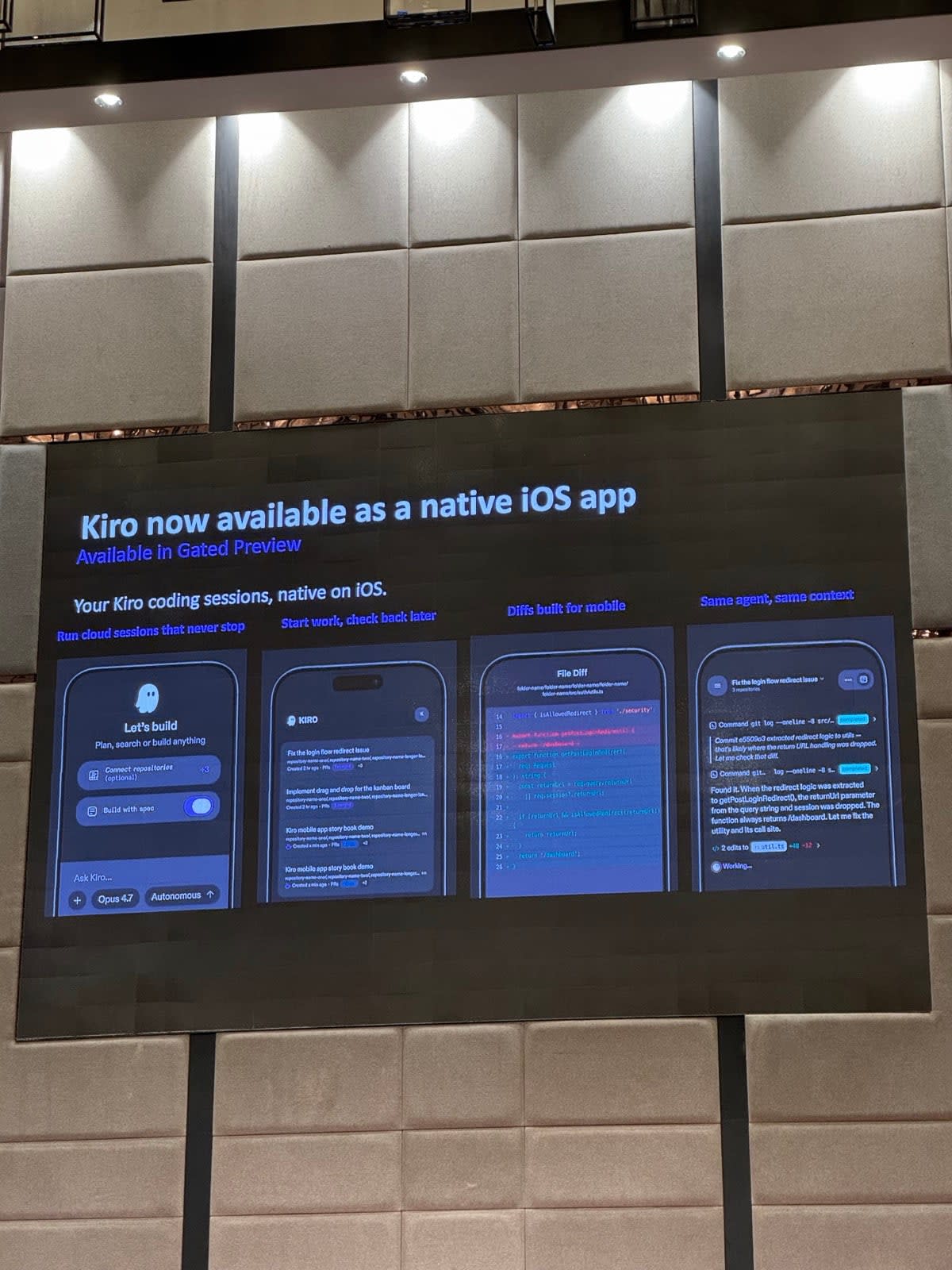 Slide announcing Kiro as a native iOS app in gated preview