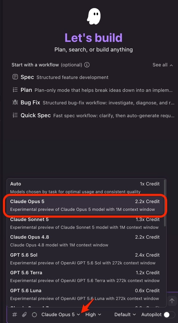 Kiro IDE のモデルセレクターに表示された Claude Opus 5