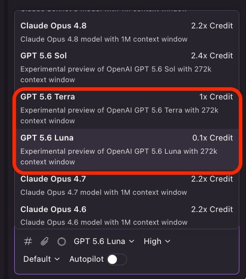 Kiro IDE のモデル選択画面。GPT-5.6 Terra / Luna の更新後倍率を表示