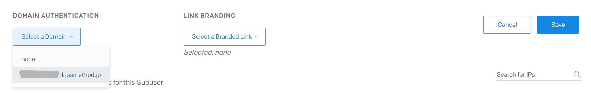 Subuser管理画面のChange SendingからDOMAIN AUTHENTICATIONのプルダウンでドメインを選択する様子.png