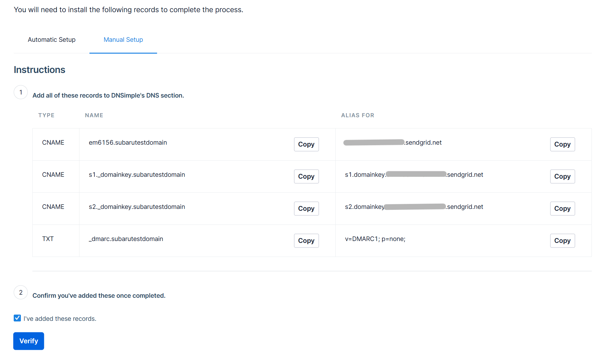 生成されたCNAMEレコード一覧(Install DNS Records)