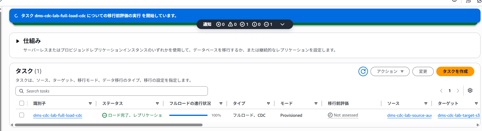 DMS タスクのステータス画面