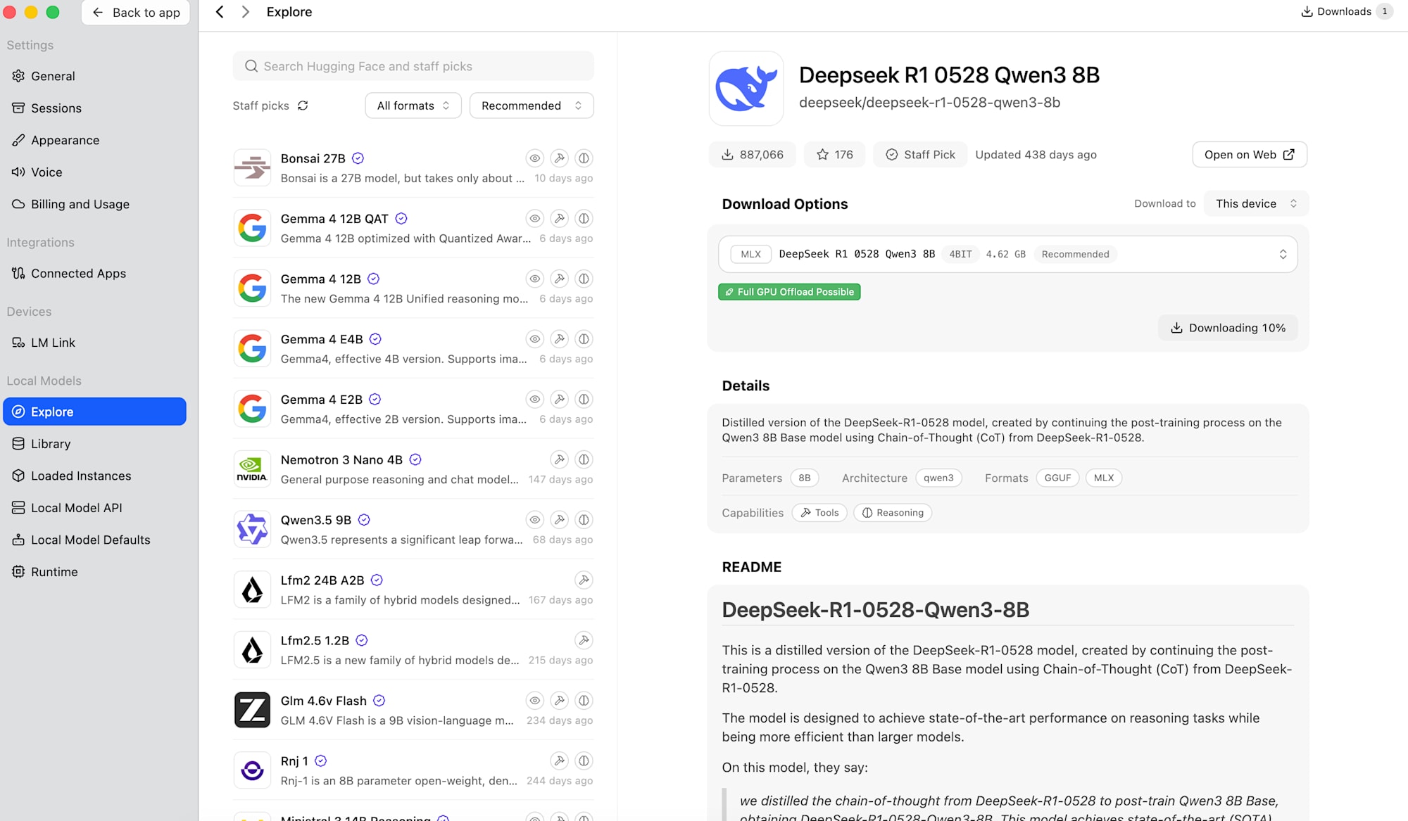 LM Studio Explore tab showing DeepSeek R1 0528 Qwen3 8B