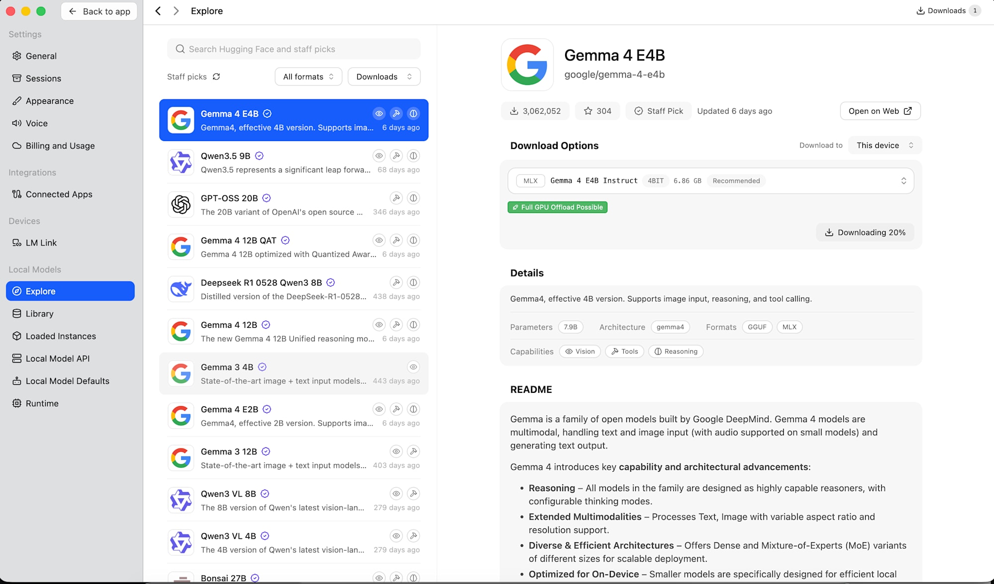 LM Studio showing Gemma 4 E4B with 3 million downloads
