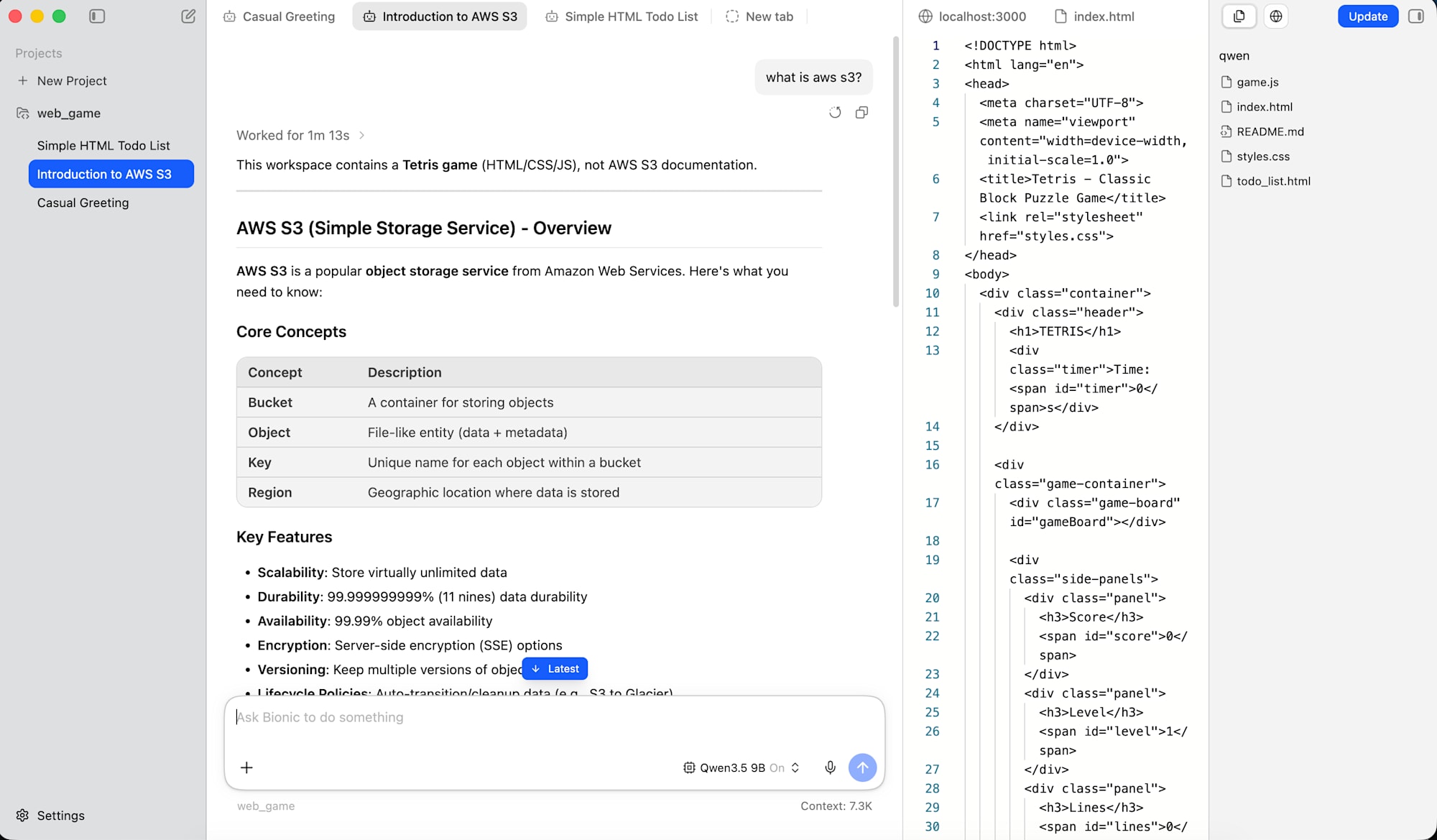 Local model answering a question about AWS S3