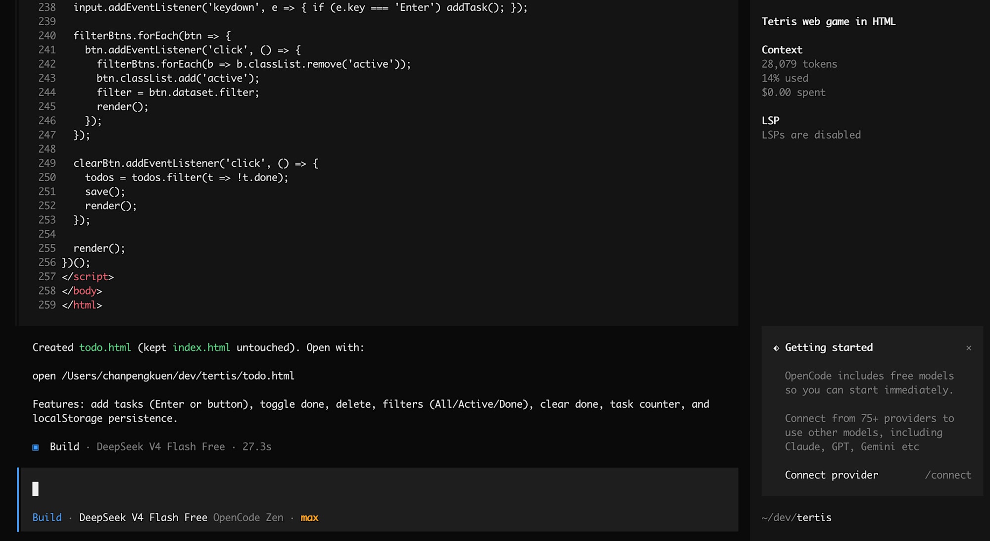 OpenCode generating a todo list app