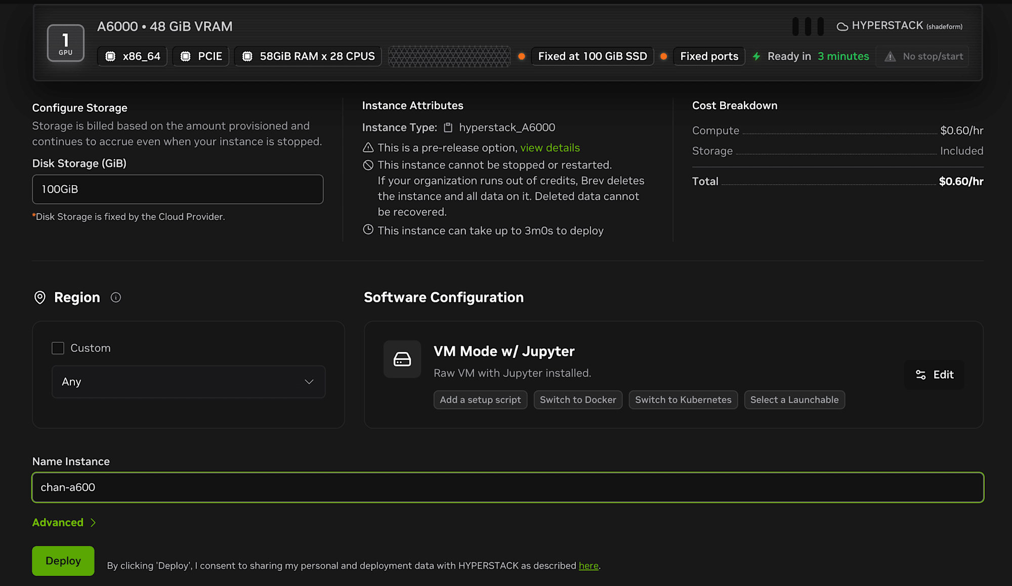 Instance configuration page