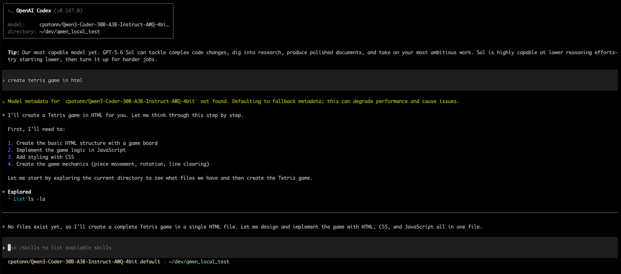 Codex starting against the local vLLM endpoint