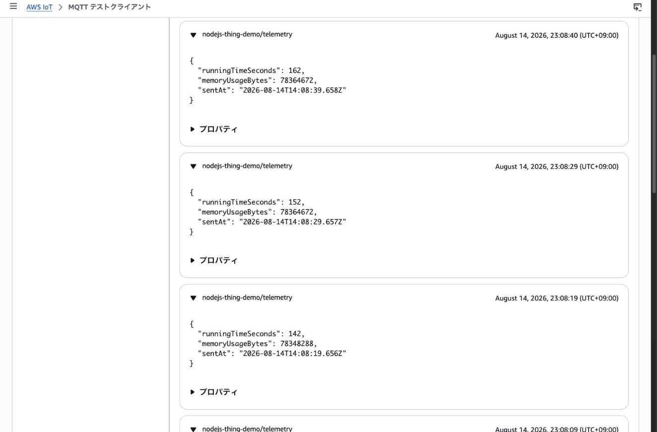 Node.jsから送信したテレメトリを受信した画面