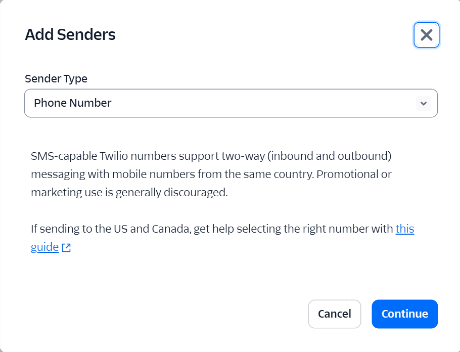 Add Senders画面(Sender Type Phone Numberで既存番号を追加している状態)