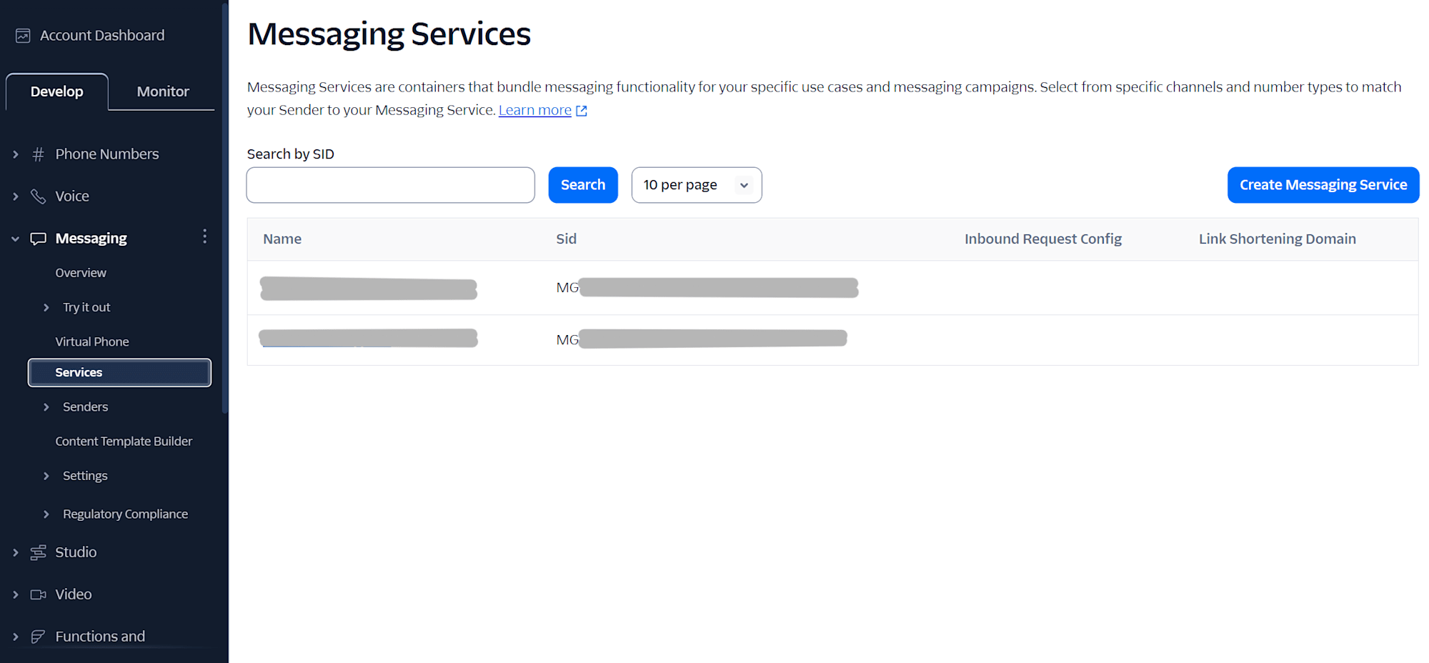 Messaging Services画面