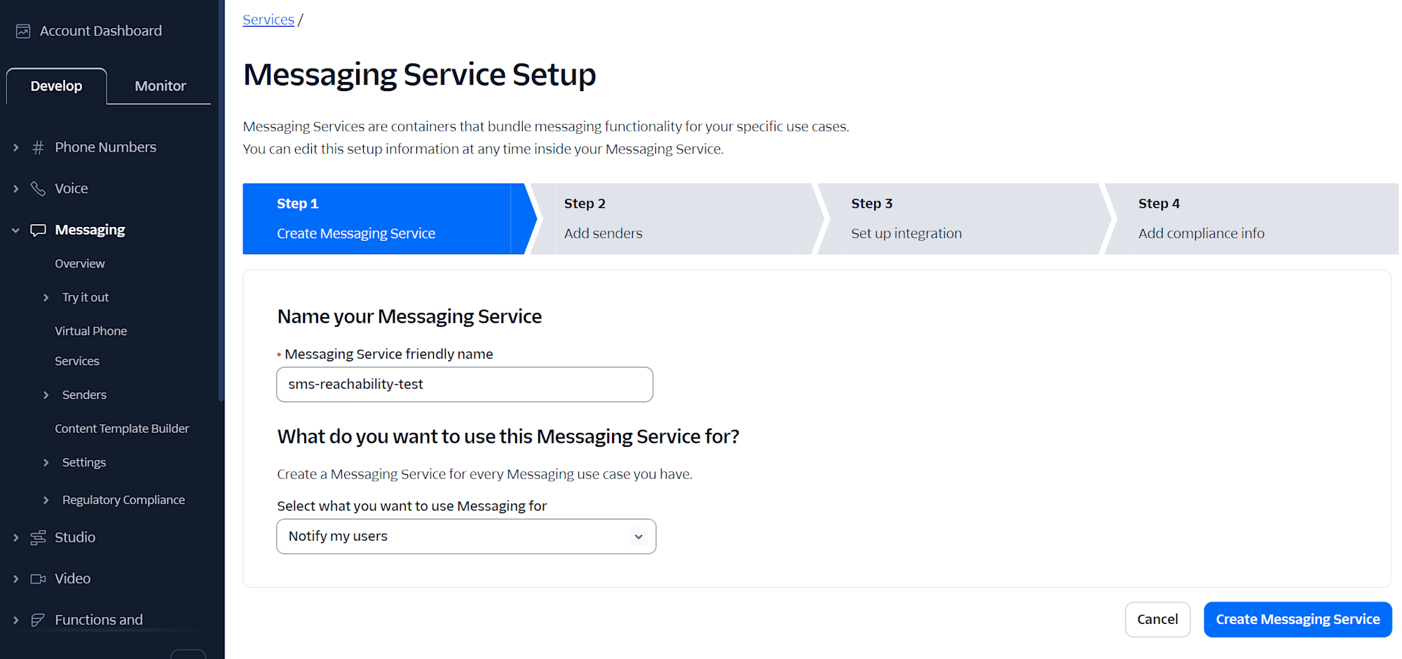 Messaging Service作成ダイアログ