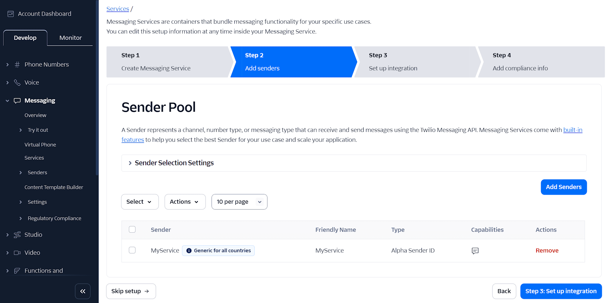Sender Pool画面下部のSkip setupボタン