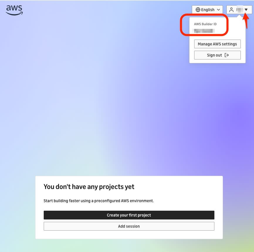AWS Builder IDが作成され、プロジェクト作成画面のヘッダーにBuilder IDが表示された様子