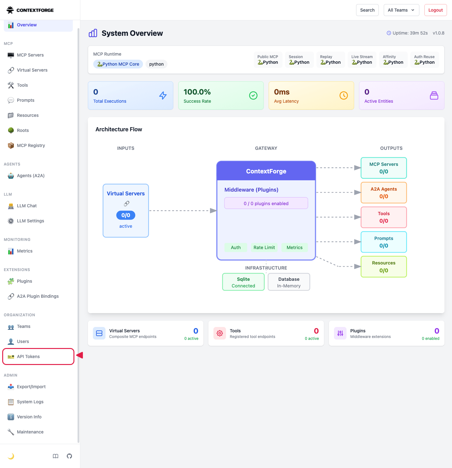サイドバーのAPI Tokens