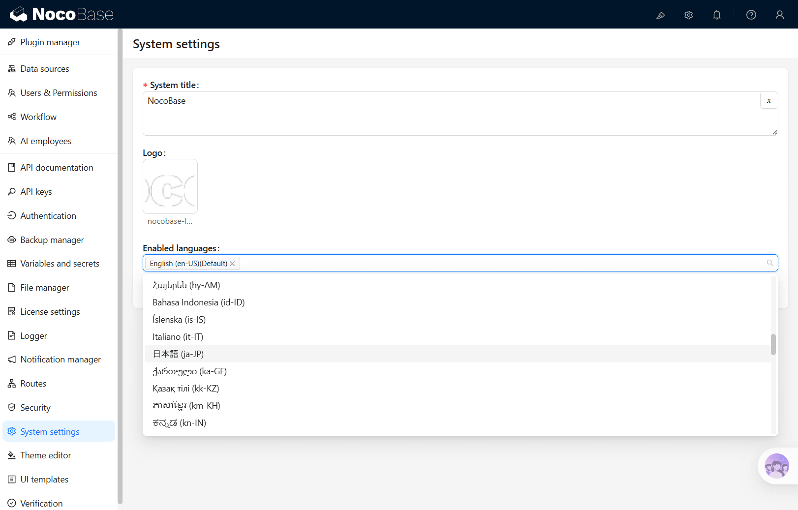 System settings の Enabled languages で日本語 (ja-JP) を追加する