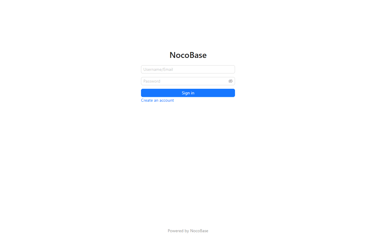 NocoBase のログイン画面。既定アカウントでログインする