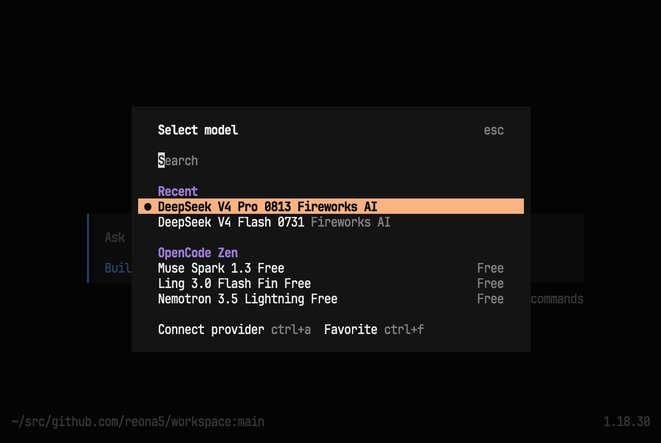OpenCode の TUI でモデル選択を開き、Switchyard のプロバイダに weak-only などが並んでいる