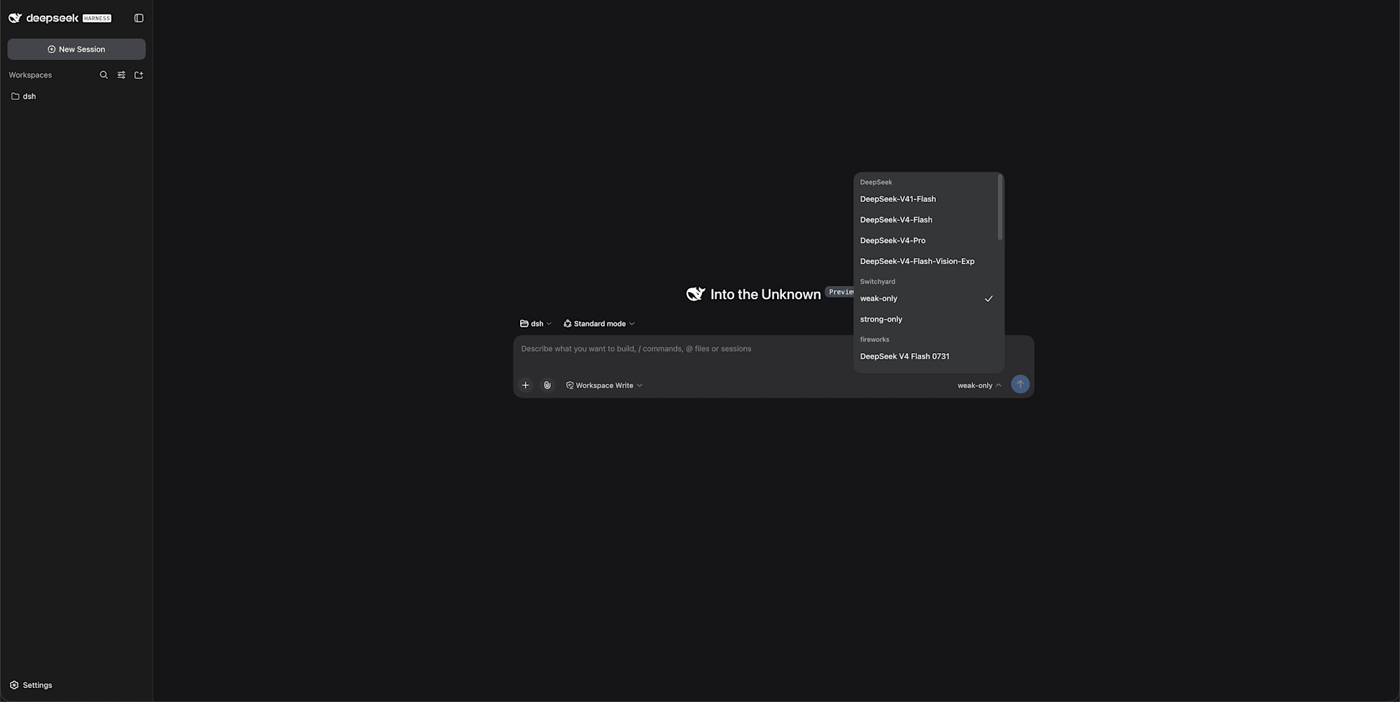 DeepSeek Harness の Web UI でモデルを選択する画面。追加したプロバイダのモデルが一覧に並んでいる