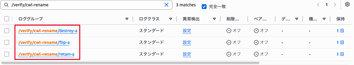 改名前のロググループ一覧