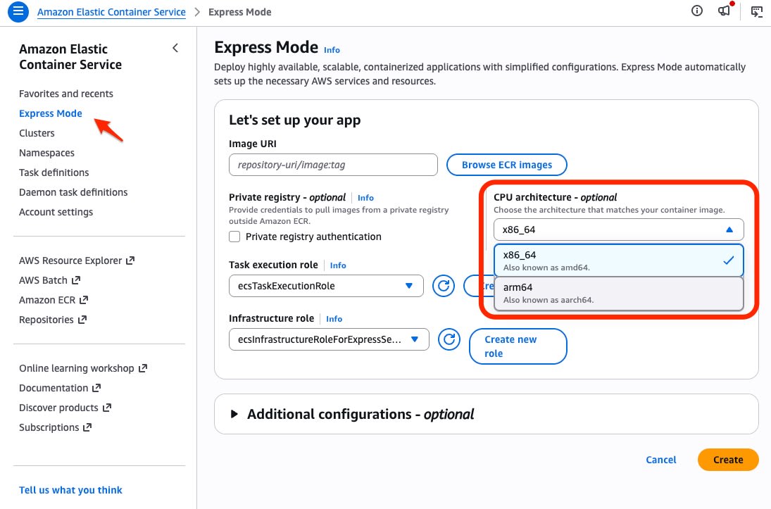 ECS Express Mode のサービス作成画面にある CPU アーキテクチャの選択欄
