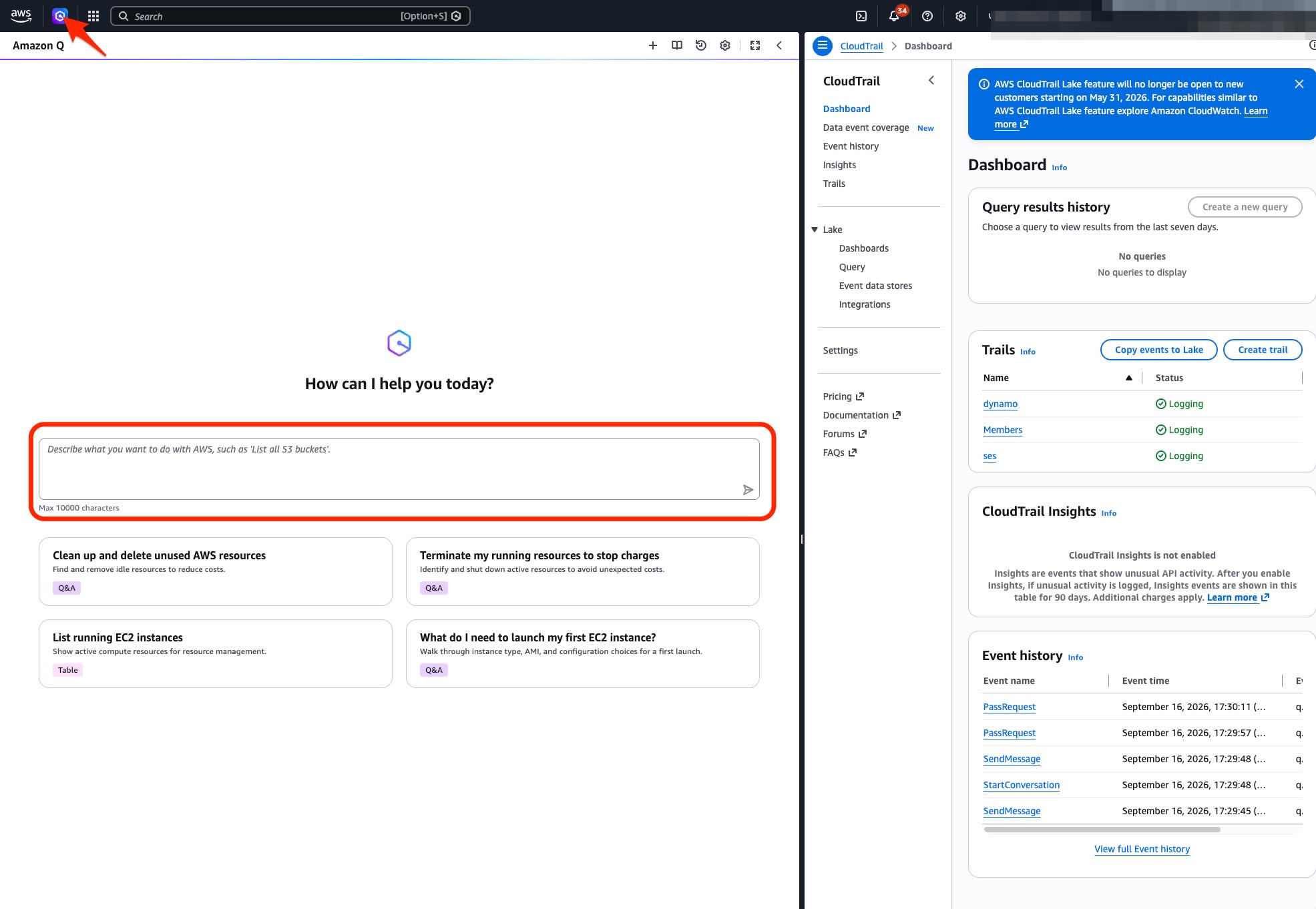 CloudTrail コンソール上部にある Amazon Q アイコンと Q パネル