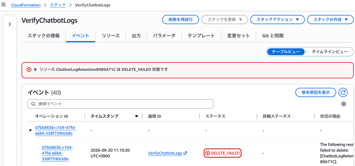 CloudFormation のイベント。スタックが DELETE_FAILED になっている