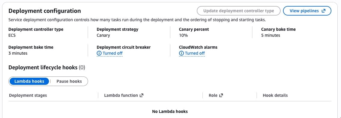 Canary のデプロイ設定。Deployment strategy: Canary、Canary percent: 10%、Canary bake time: 5 minutes、Deployment bake time: 3 minutes が表示されている