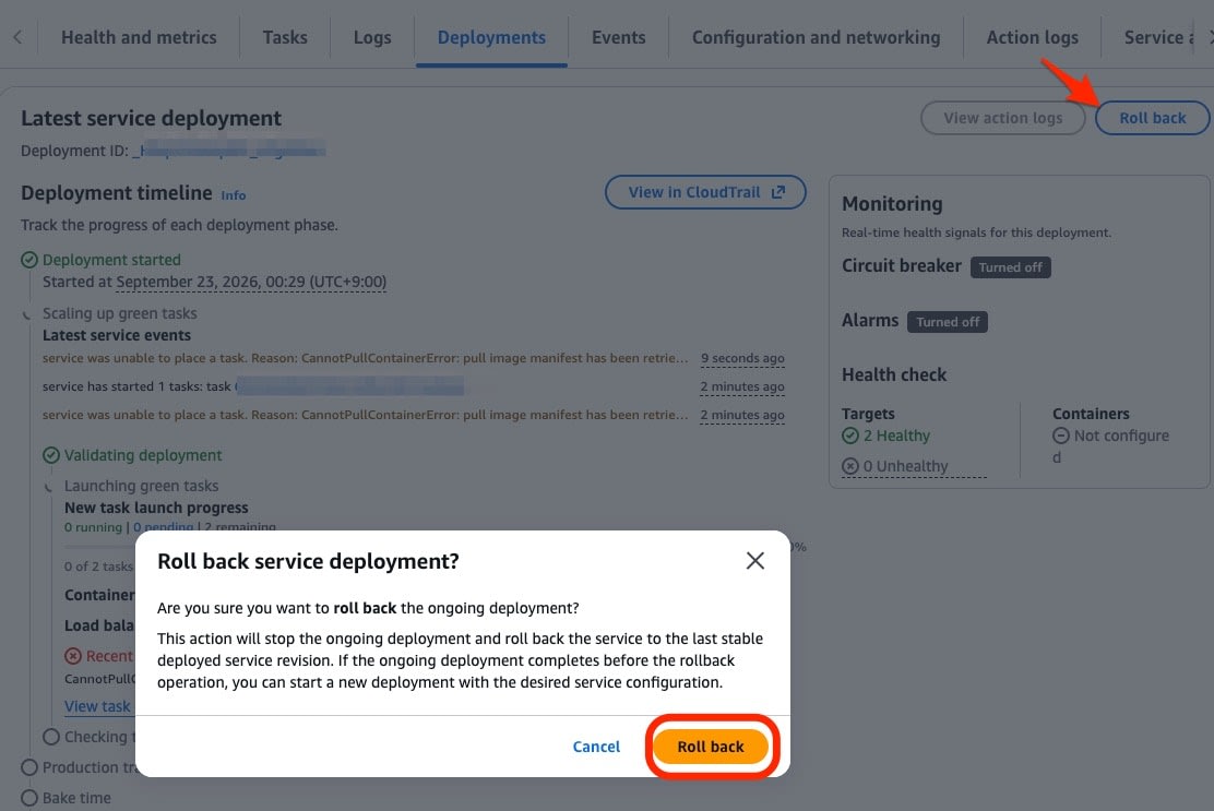 Roll back service deployment? の確認ダイアログ。This action will stop the ongoing deployment and roll back the service to the last stable deployed service revision. と表示されている