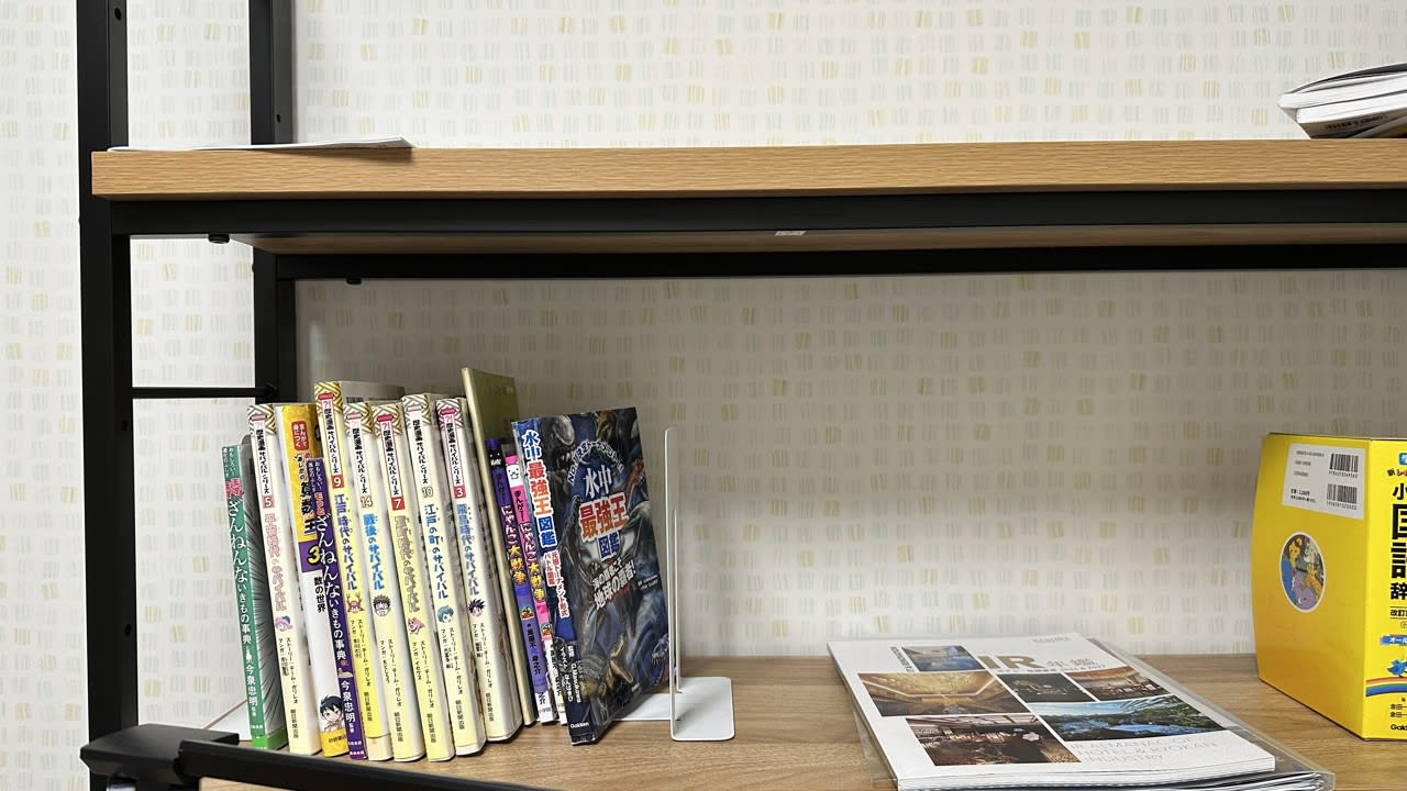 自宅の本棚。上段にはほとんど物がなく、下段は左側に本が並び右側が空いている