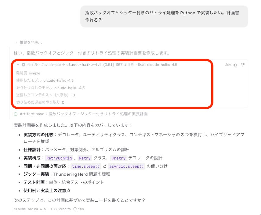 simple と判定され claude-haiku-4.5 が使われた画面。「モデル・Jev: simple → claude-haiku-4.5 (0.51) 367 ミリ秒・既定: claude-haiku-4.5」の表示