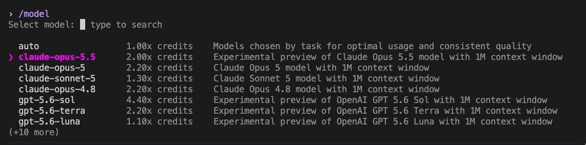Kiro CLI の /model に claude-opus-5.5 が 2.00x credits で表示されている