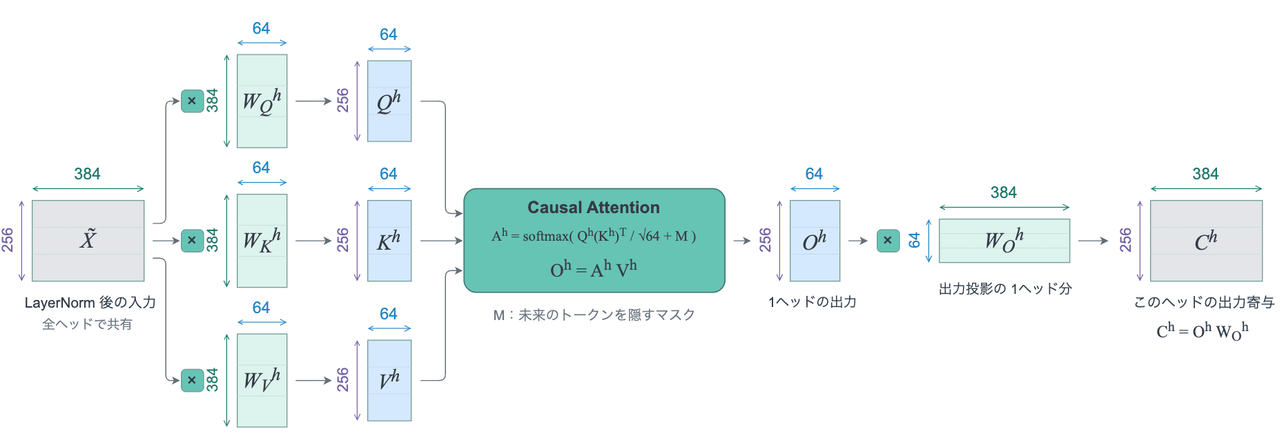 Multi-Head Attentionの1ヘッド分の計算。LayerNorm後の入力（256×384）に重みを掛けてQ・K・V（各256×64）を作り、Causal Attentionで1ヘッドの出力（256×64）を求め、出力投影でこのヘッドの寄与（256×384）に変換する