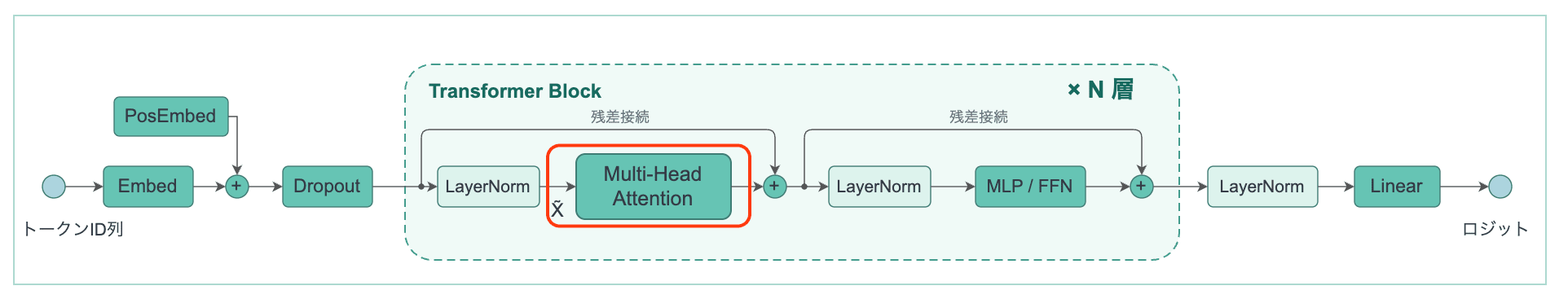 GPT-2の全体構成のうち、Transformer Block内のMulti-Head Attentionを赤枠で強調した図