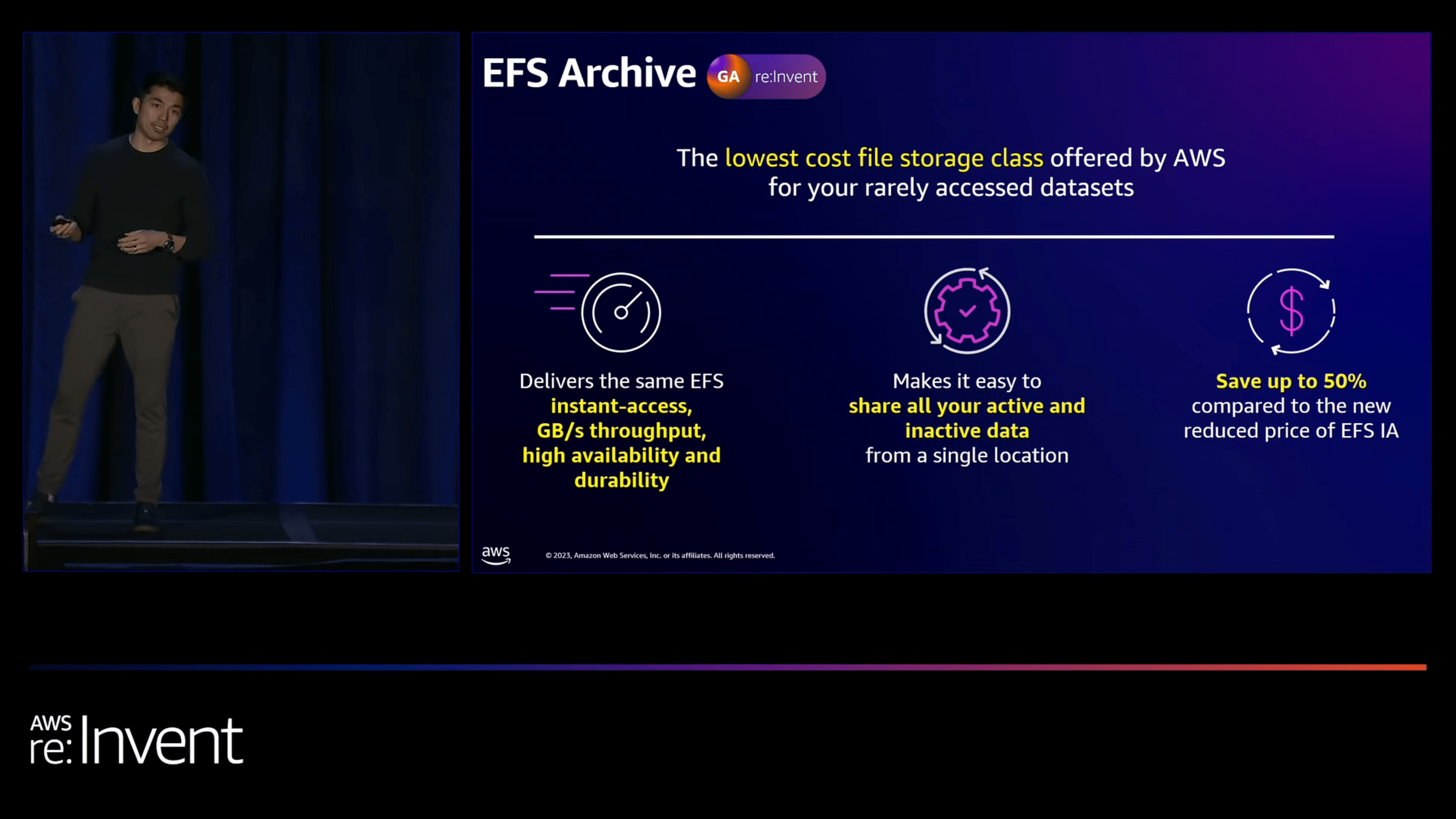 AWS re_Invent 2023 - [LAUNCH] Lower costs by up to 97% with Amazon EFS Archive (STG228) 27-28 screenshot