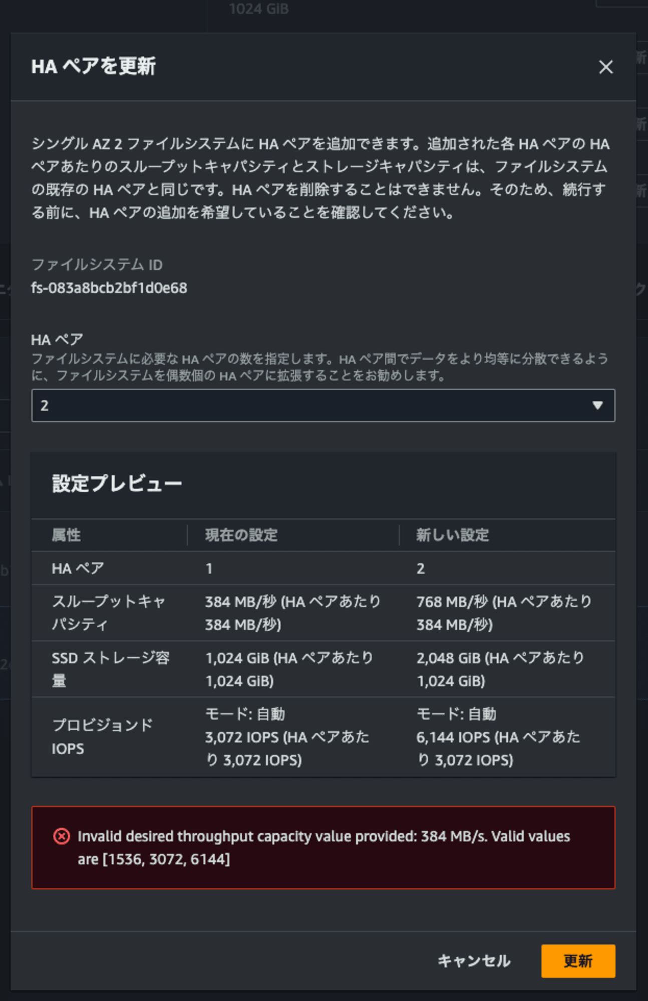 13.Invalid desired throughput capacity value provided- 384 MB:s. Valid values are [1536, 3072, 6144]