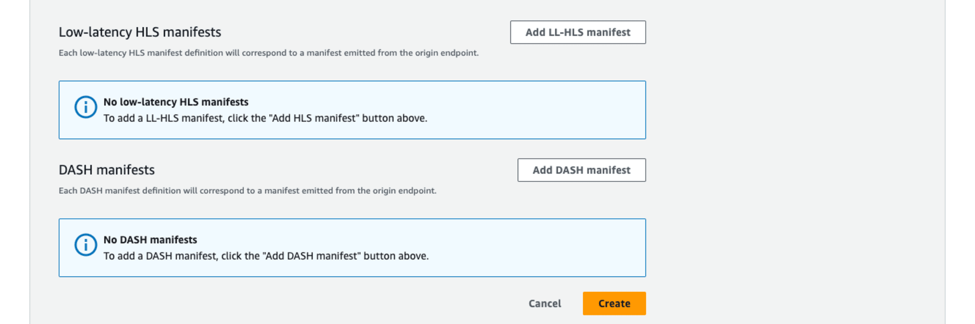 MediaPackageのCreate origin endpoint、Manifest definitionsのスクリーンショット、その2