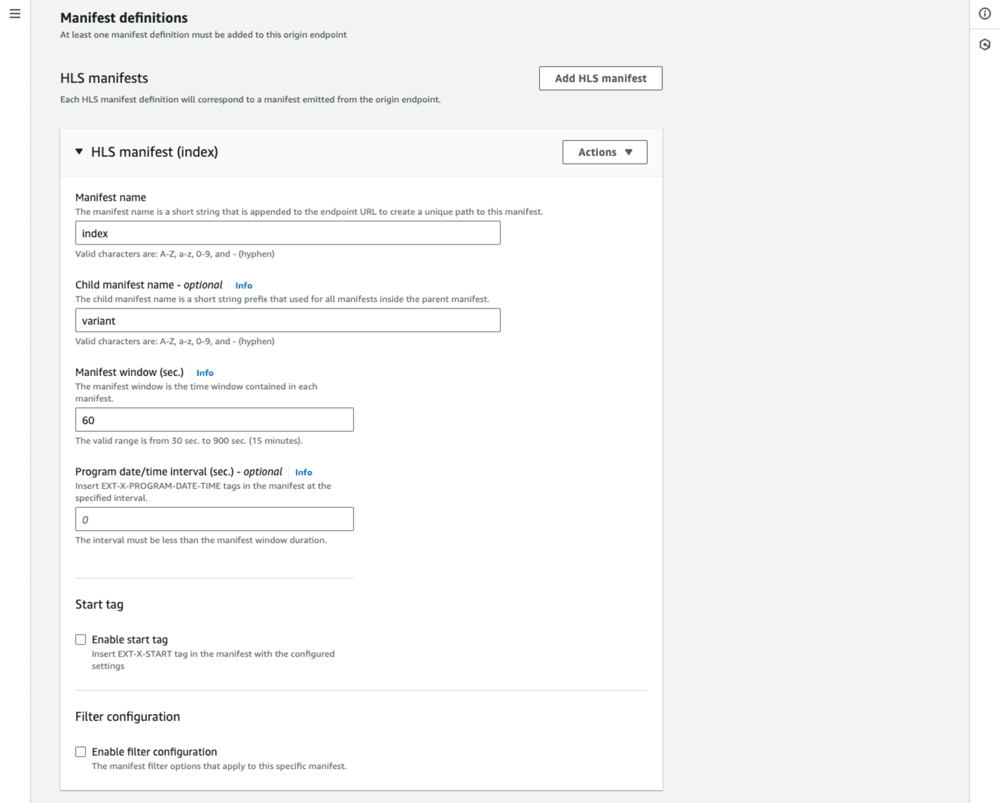 MediaPackageのCreate origin endpoint、Manifest definitionsのスクリーンショット