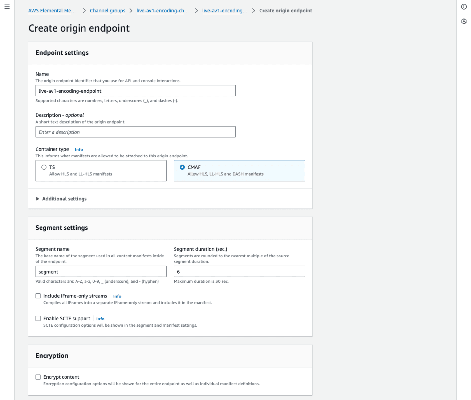 MediaPackageのCreate origin endpointのスクリーンショット