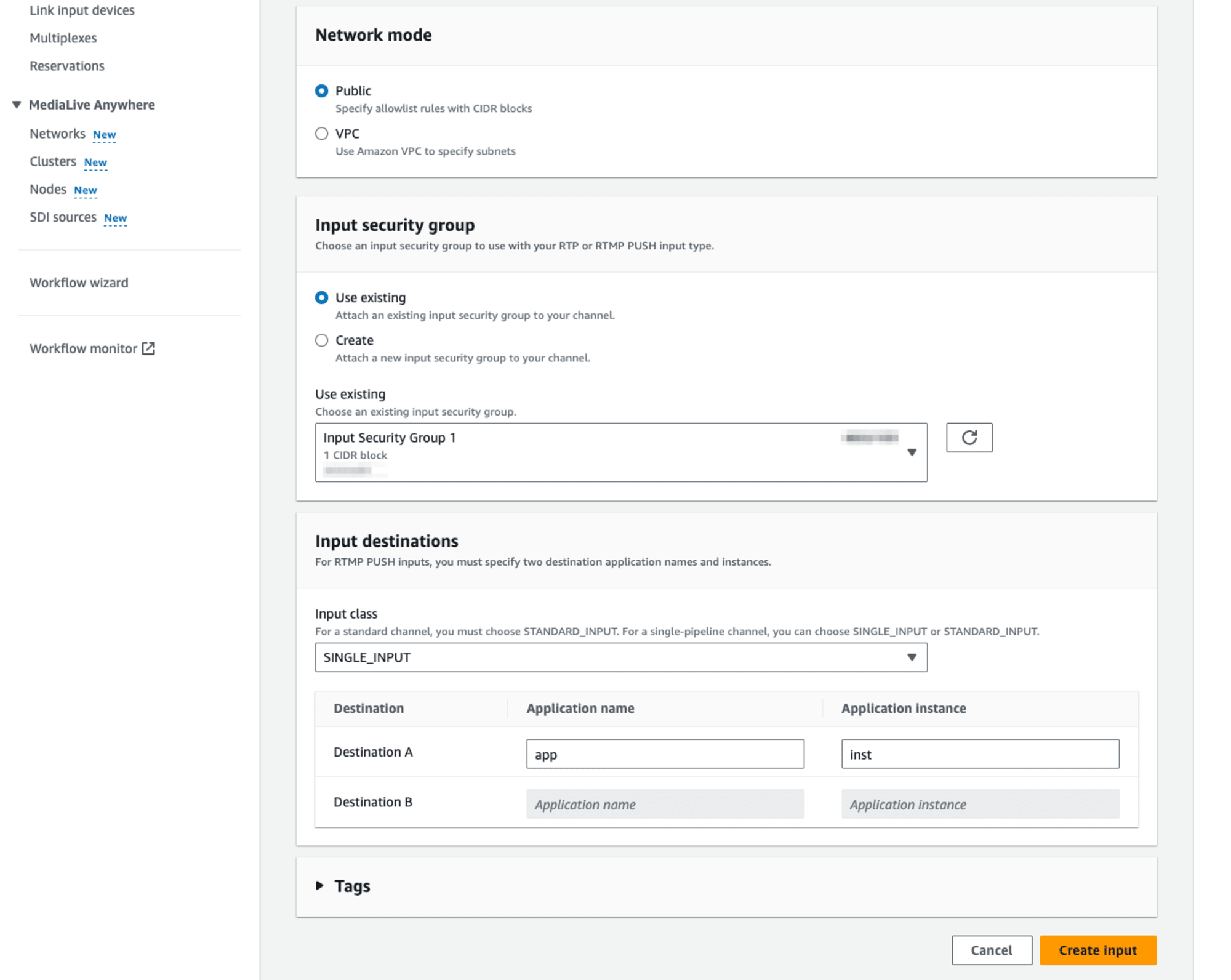 MediaLiveのCreate inputのスクリーンショット、その2