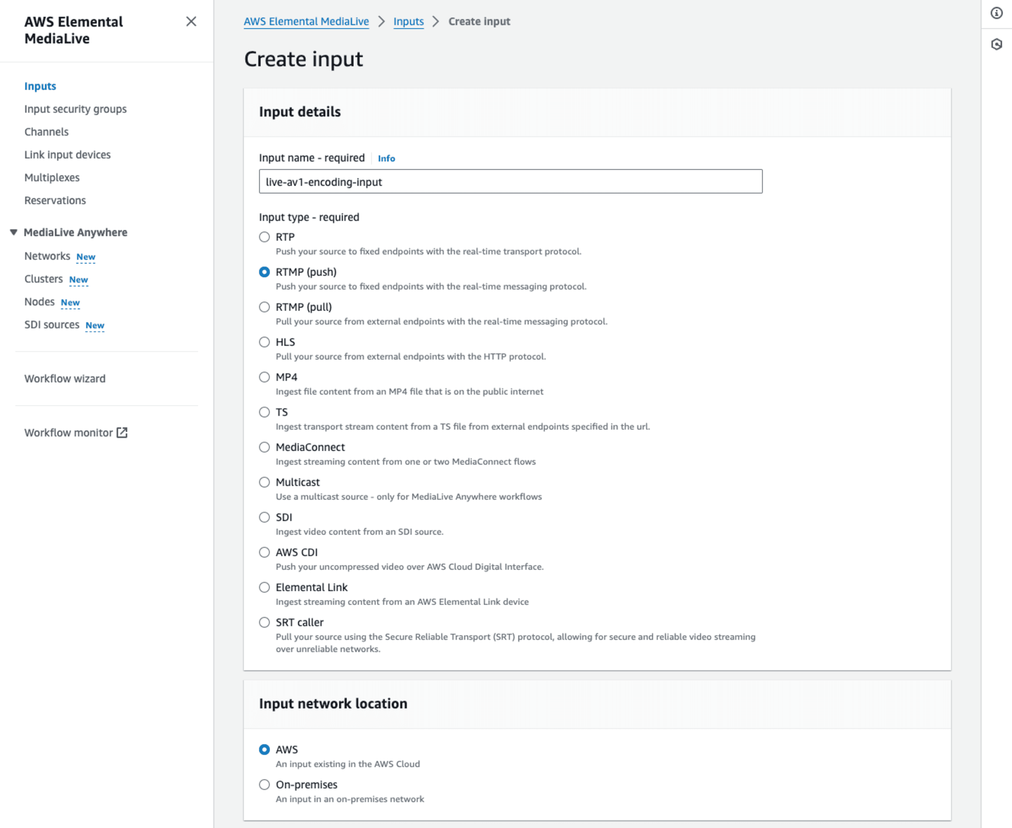 MediaLiveのCreate inputのスクリーンショット