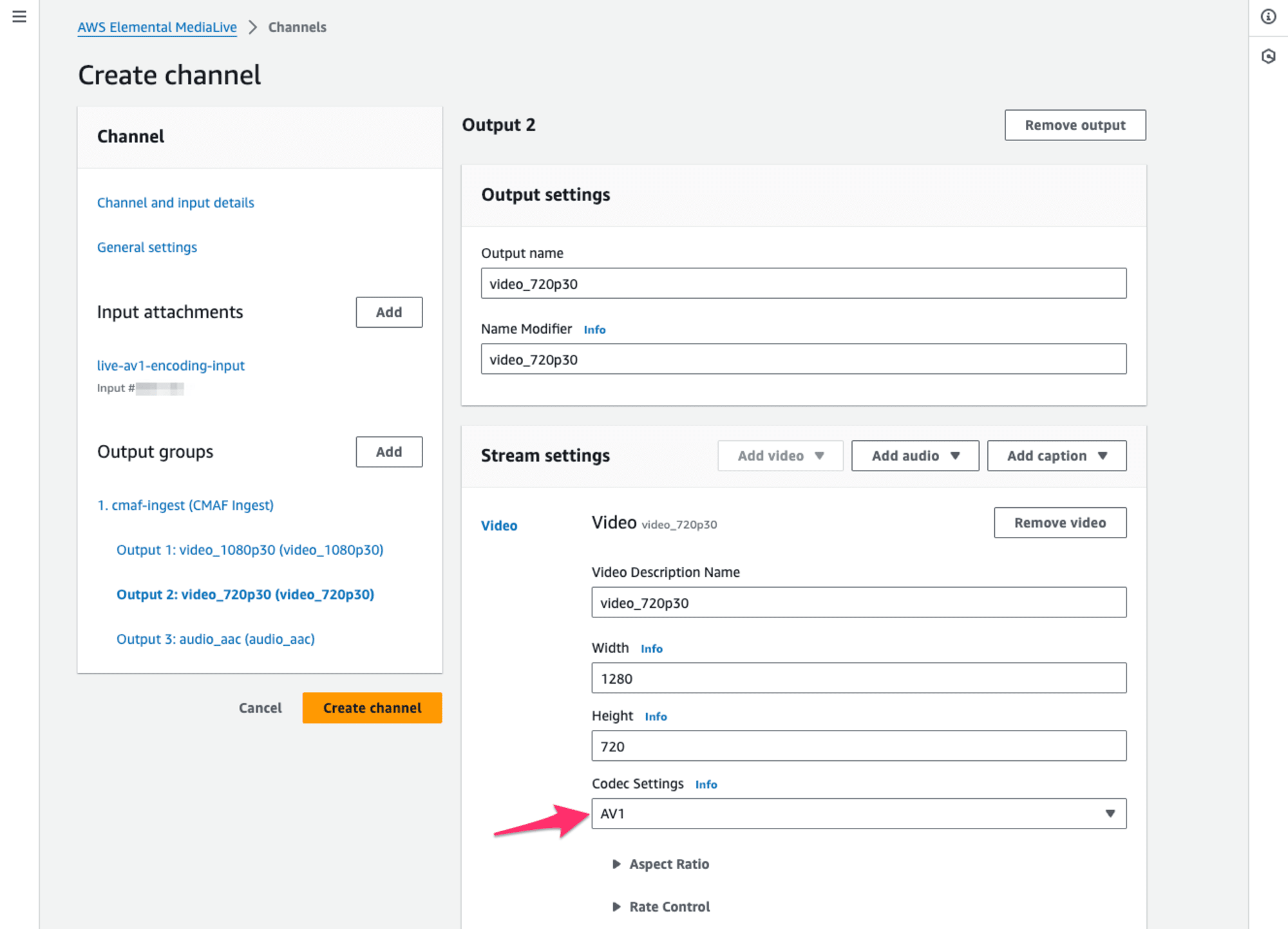 MediaLiveのCreate channelのスクリーンショット、720pにAV1コーデックを指定