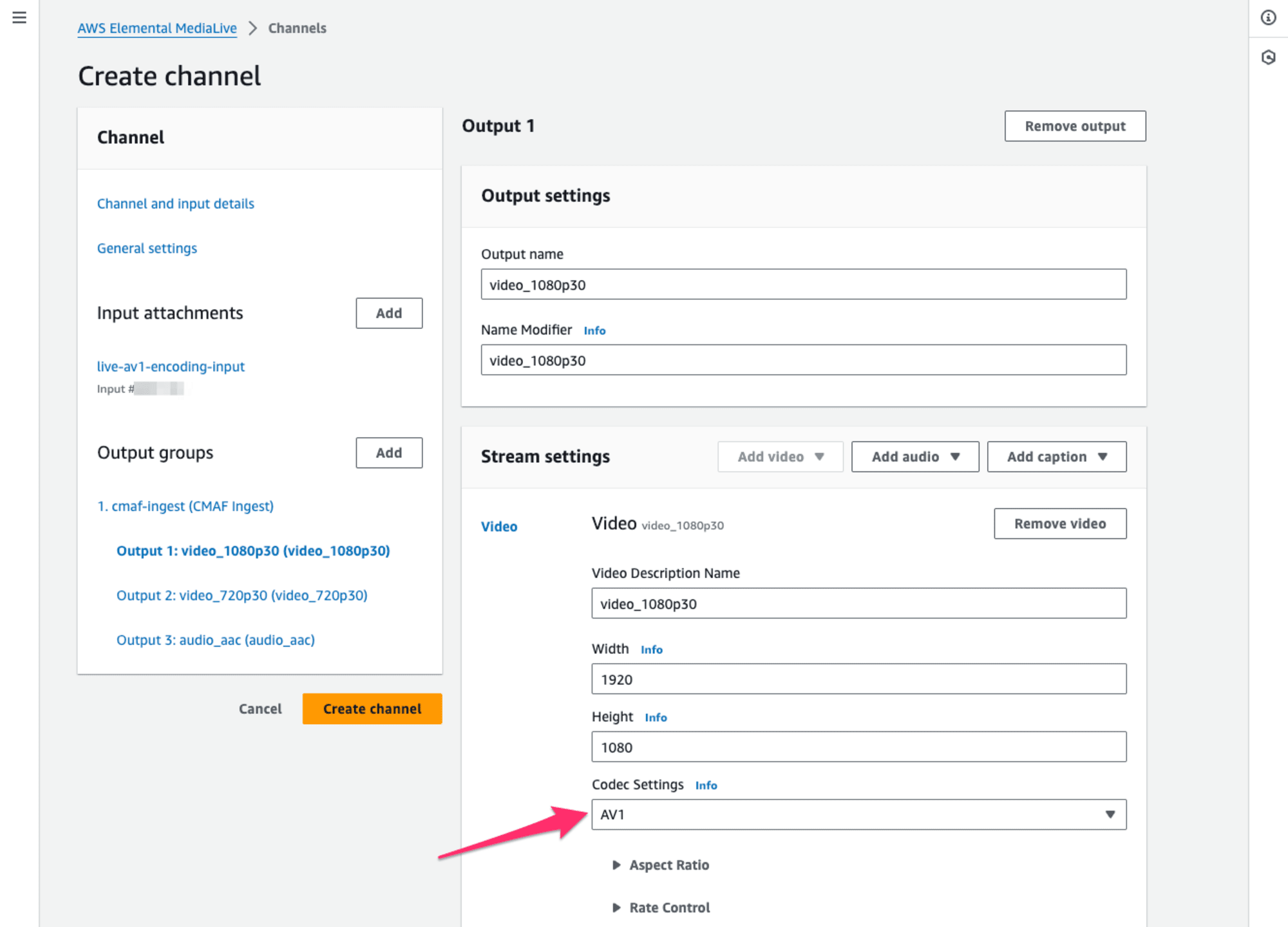 MediaLiveのCreate channelのスクリーンショット、1080pにAV1コーデックを指定