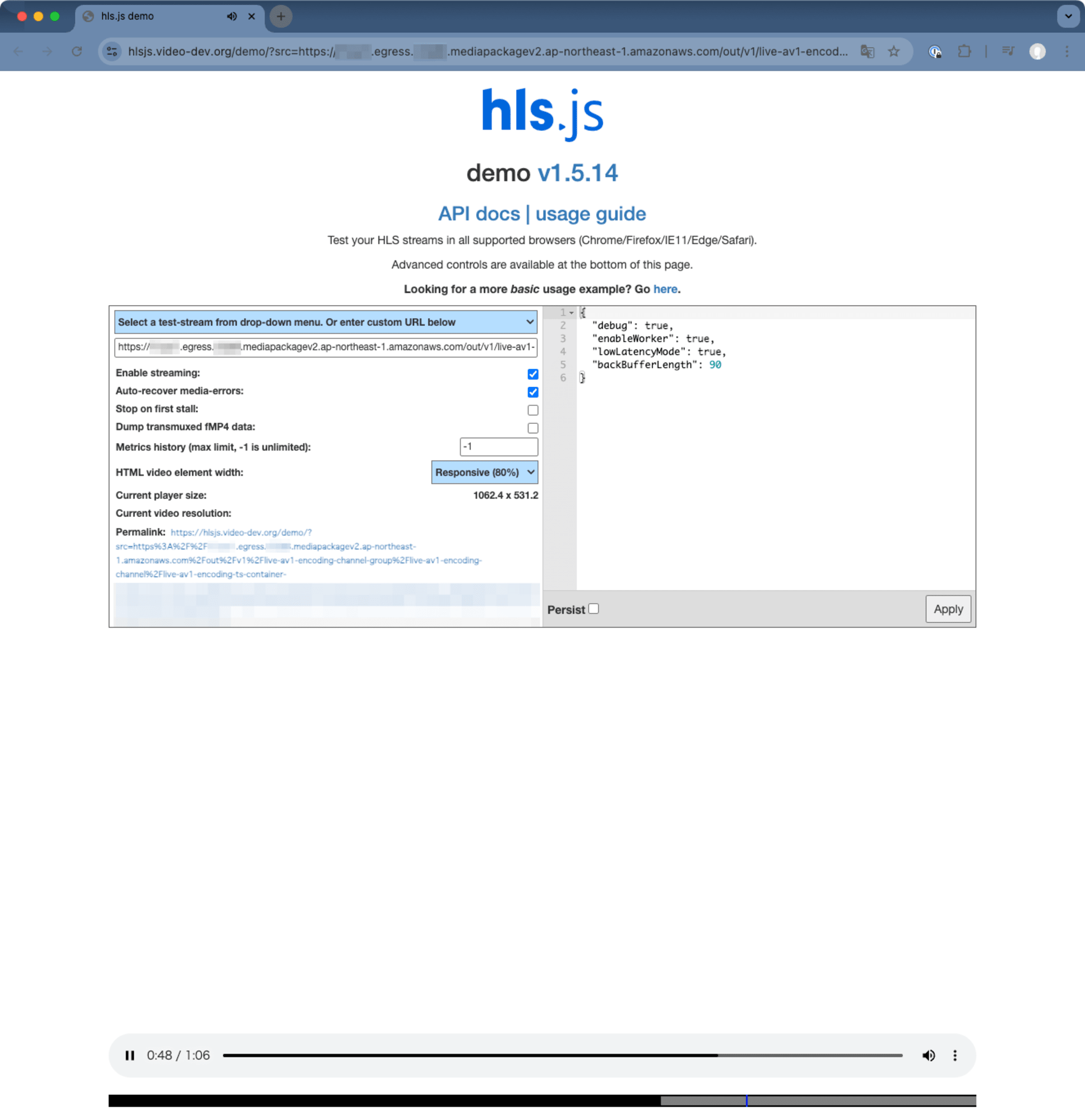 MediaPackageのTS Container typeで作成したOrigin endpointでは映像が視聴できないことを確認