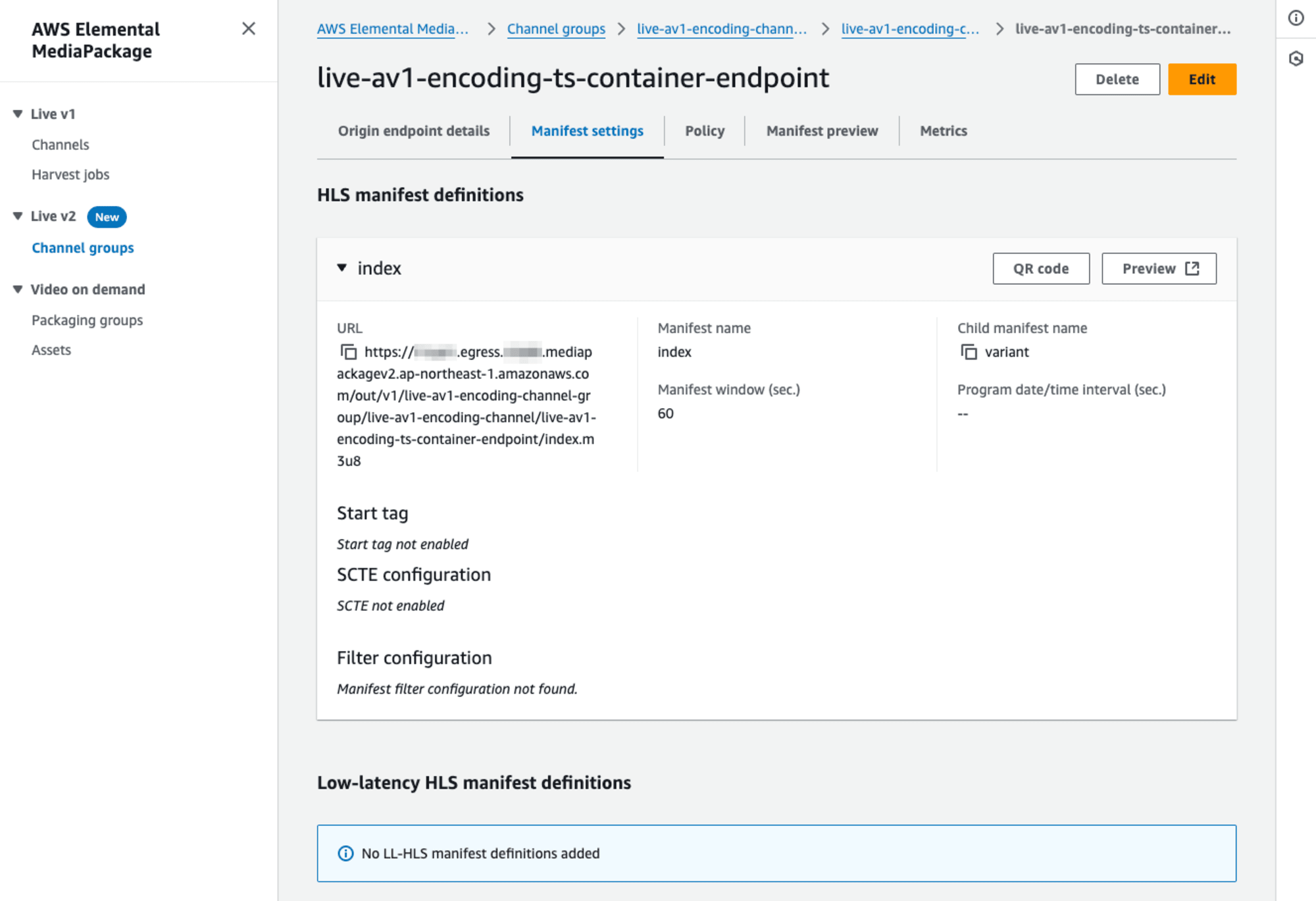 MediaPackageのTS Container typeで作成したOrigin EndpointのPreviewボタンを確認