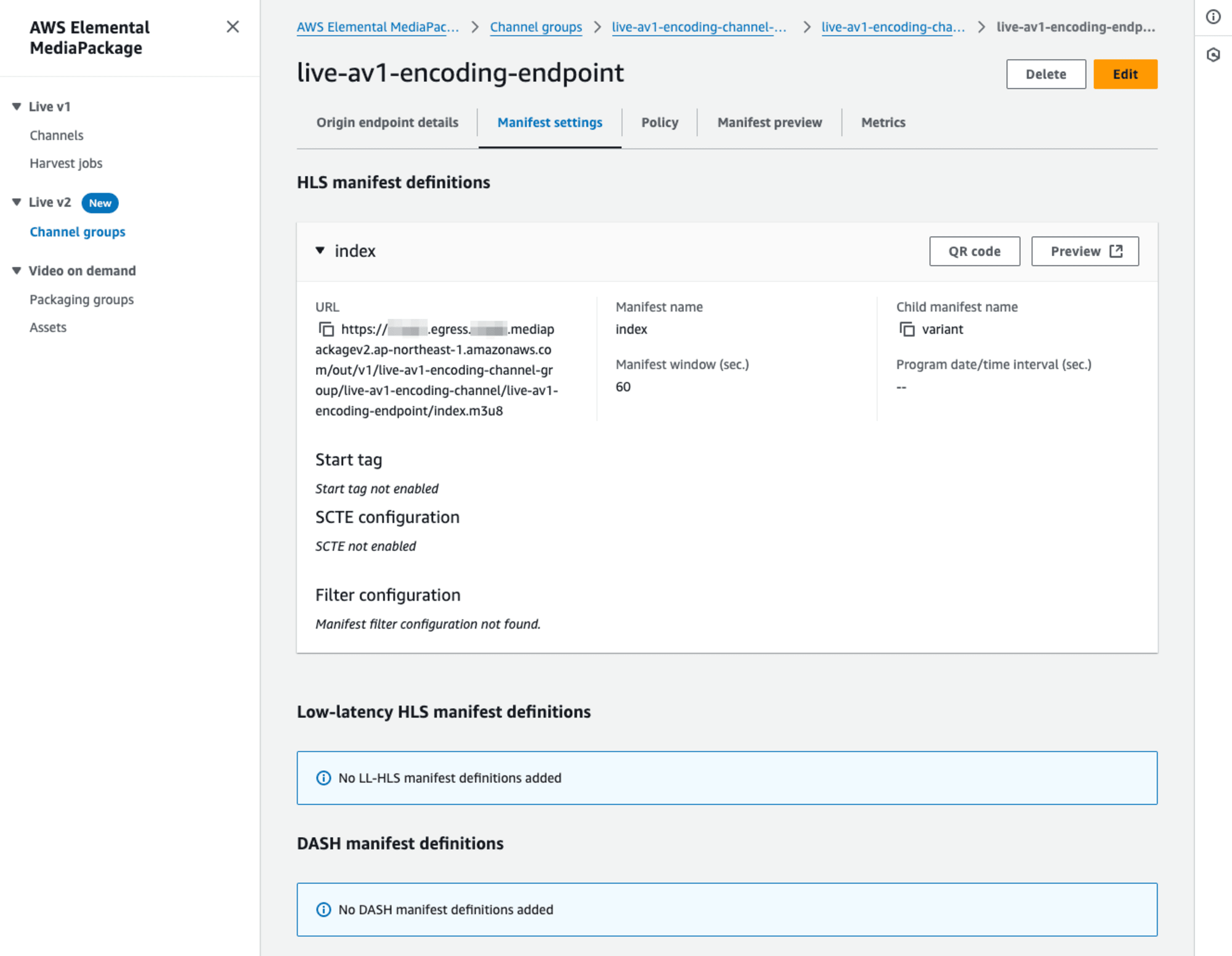 MediaPackageのOrigin endpointページでPreviewボタンを確認