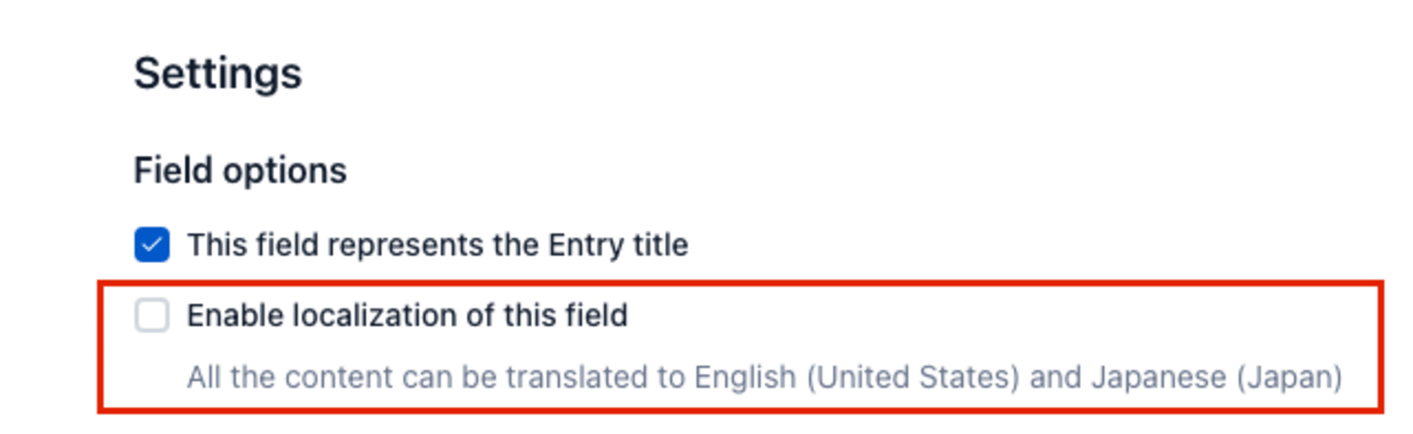 Field optionsのEnable localization of this fieldの選択UI