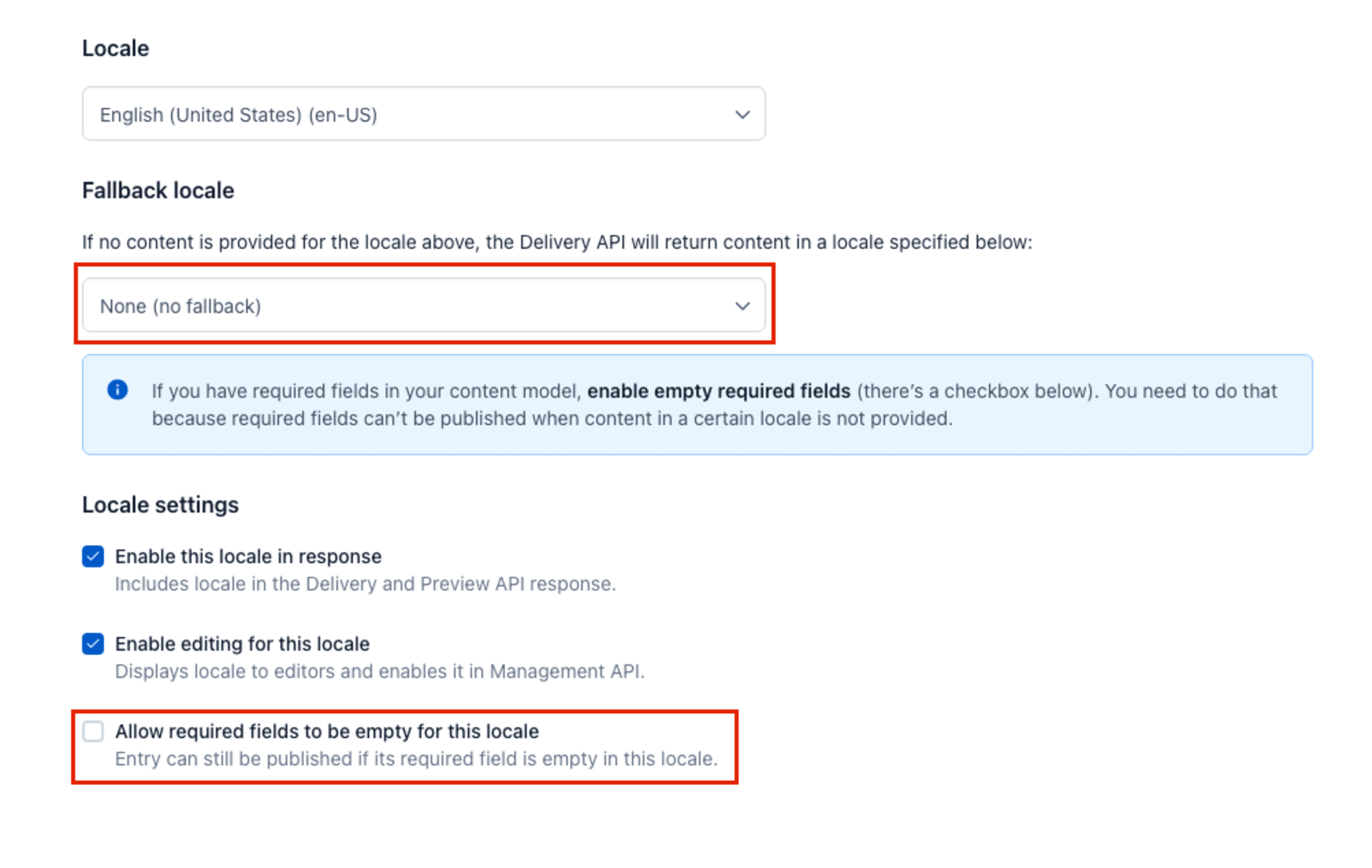 Fallback localeとLocale settingsのAllow required fields to be empty for this locale