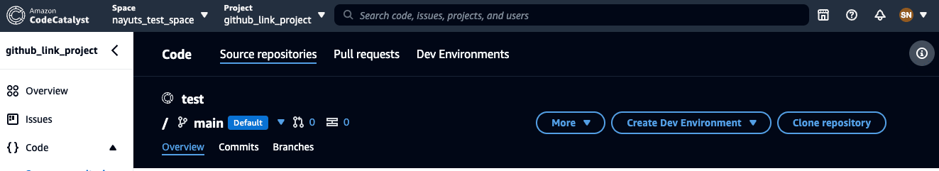 CodeCatalystのリポジトリのクローンボタン