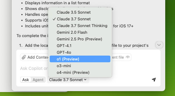 GitHub Copilot for Xcode のAsk モードで利用可能なモデルのリスト